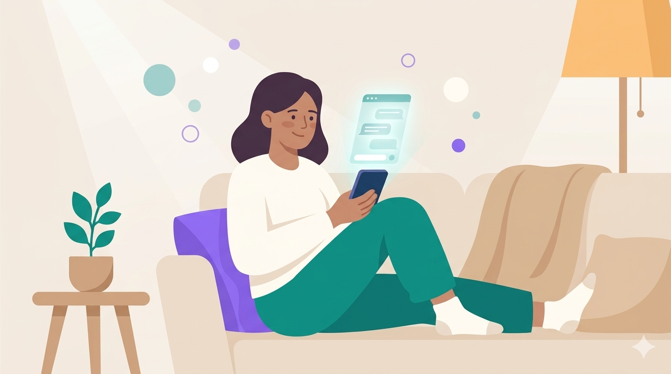 A warm, calming illustration of a person sitting comfortably at home on a couch, holding a smartphone with a soft glowing chat interface on screen. The person has a relaxed, thoughtful expression. Surrounding them are subtle abstract elements representing calm and safety: soft floating circles, gentle light rays, and a small plant nearby. Color palette: teal (#0D9488), soft purple (#8B5CF6), warm white, light beige. The mood is reassuring, gentle, and hopeful. Style: flat vector illustration, modern and minimalist. No text. No photorealistic elements.