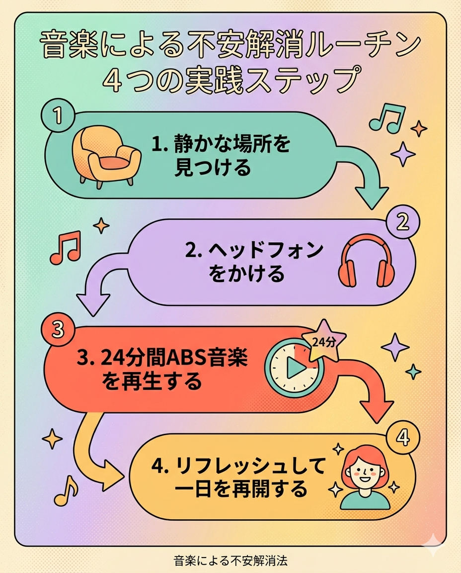 A retro-pop style step-by-step flowchart illustration showing 4 steps for a music-based anxiety relief routine. Step 1: Find a quiet spot (icon: cozy chair), Step 2: Put on headphones (icon: over-ear headphones), Step 3: Play ABS music for 24 minutes (icon: play button with "24 min" clock), Step 4: Return to your day refreshed (icon: smiling person with sparkles). Connected by curved arrows. Pastel color palette with coral, mint green, lavender, and warm yellow. Vintage halftone texture. Rounded friendly shapes. No real text, use numbered circles and icons only.