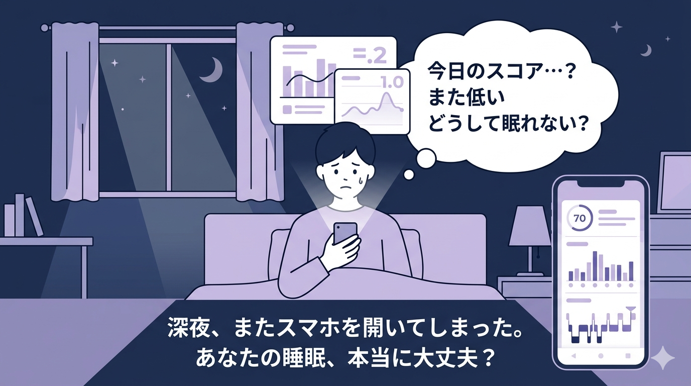 A minimalist modern illustration of a person sitting up in bed at night, holding a smartphone that emits a soft glow. Their expression shows concern and overthinking. A thought bubble contains abstract representations of graphs and scores. The bedroom atmosphere is calm but the person appears restless. Color palette: navy blue (#1B2A4A), lavender (#C8B6E2), white (#FFFFFF). Flat illustration style, clean lines, no text. Moonlight filtering through curtains. Simple modern aesthetic.