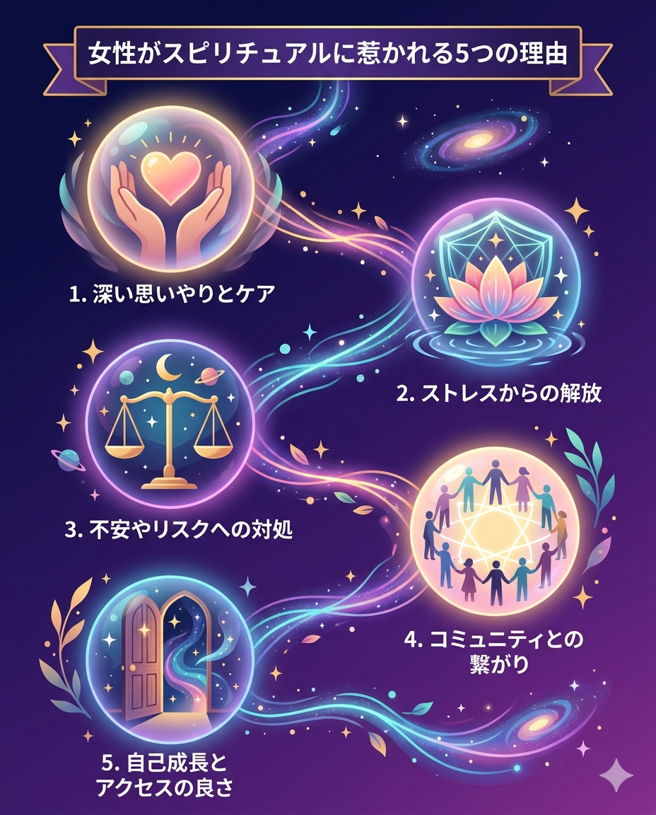 A mystical and colorful vertical infographic showing 5 reasons women are drawn to spirituality, arranged as a flowing path from top to bottom. Each reason is represented by an icon inside a glowing orb: 1) two hands holding a heart (socialization/care), 2) a lotus flower with a shield (stress coping), 3) a balance scale with a moon (risk avoidance), 4) interconnected circles of people (community/connection), 5) an open door with stars flowing out (accessible spirituality). The path is connected by flowing cosmic energy lines. Background: deep indigo to purple gradient with scattered stars. Accent colors: gold, pink, turquoise. Modern flat illustration, no readable text.