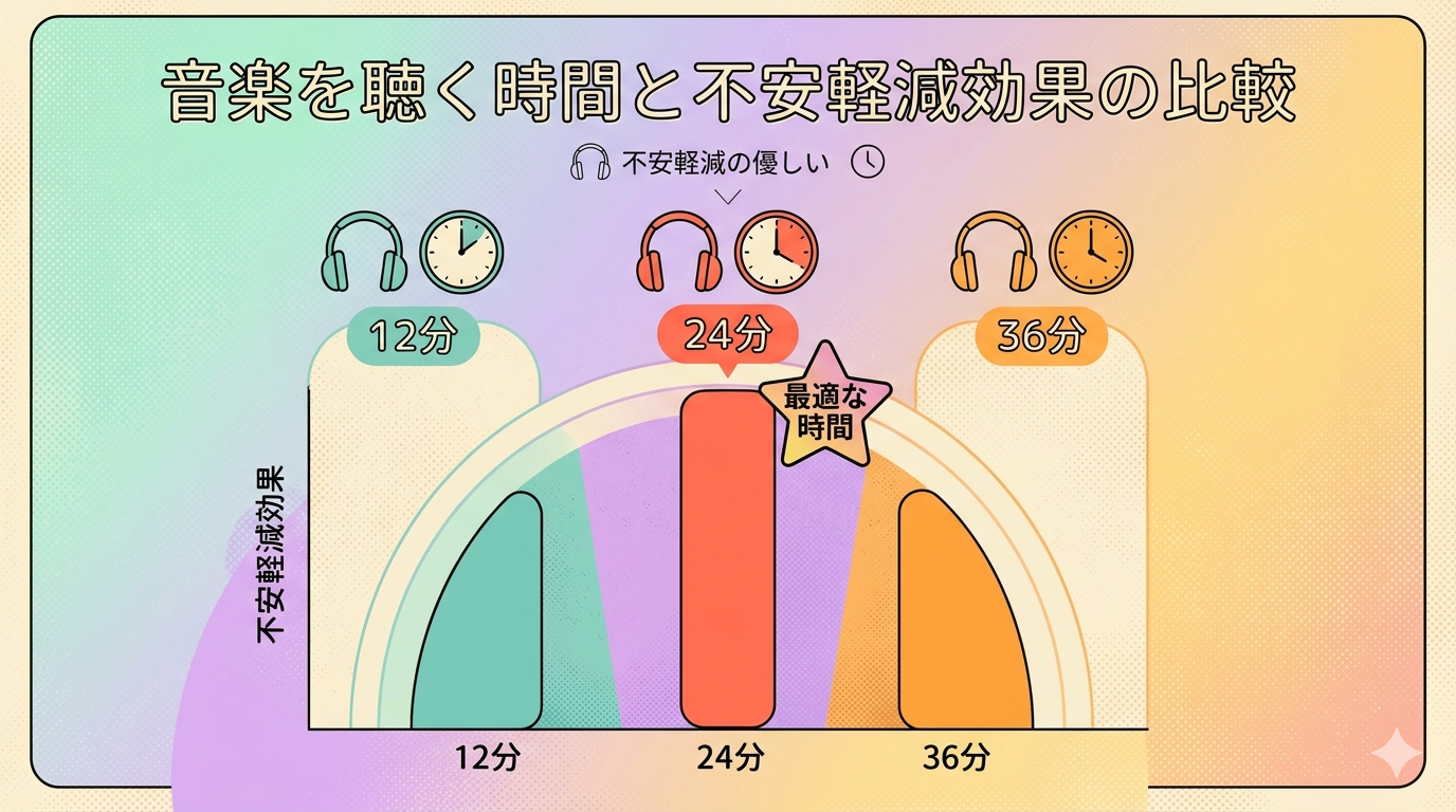 A retro-pop style infographic comparing three durations of music listening for anxiety reduction: 12 minutes, 24 minutes, and 36 minutes. Bar chart or curved graph showing anxiety reduction scores, with the 24-minute bar highlighted in bright coral as the "sweet spot." Pastel background with mint green, lavender, and warm yellow accents. Vintage halftone texture. Rounded chart elements. Icons of headphones, clocks showing different times, and a star badge on the 24-min column. Clean, minimal layout. No real text, use placeholder visual labels only.