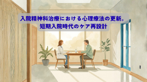 A warm, natural illustration of a bright psychiatric ward common room with soft morning light through large windows. A calm clinician and a patient sitting together at a small wooden table, gentle conversation, soft beige and sage green palette. Watercolor texture, hand-drawn feel, warm and human atmosphere, no text, no logos. Style: natural, warm, soft pastel.