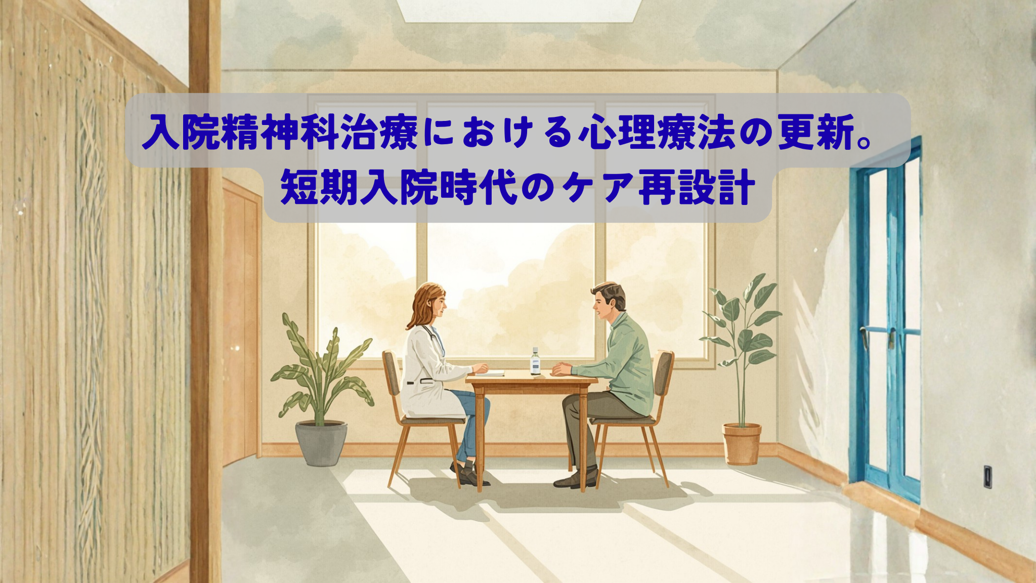 A warm, natural illustration of a bright psychiatric ward common room with soft morning light through large windows. A calm clinician and a patient sitting together at a small wooden table, gentle conversation, soft beige and sage green palette. Watercolor texture, hand-drawn feel, warm and human atmosphere, no text, no logos. Style: natural, warm, soft pastel.