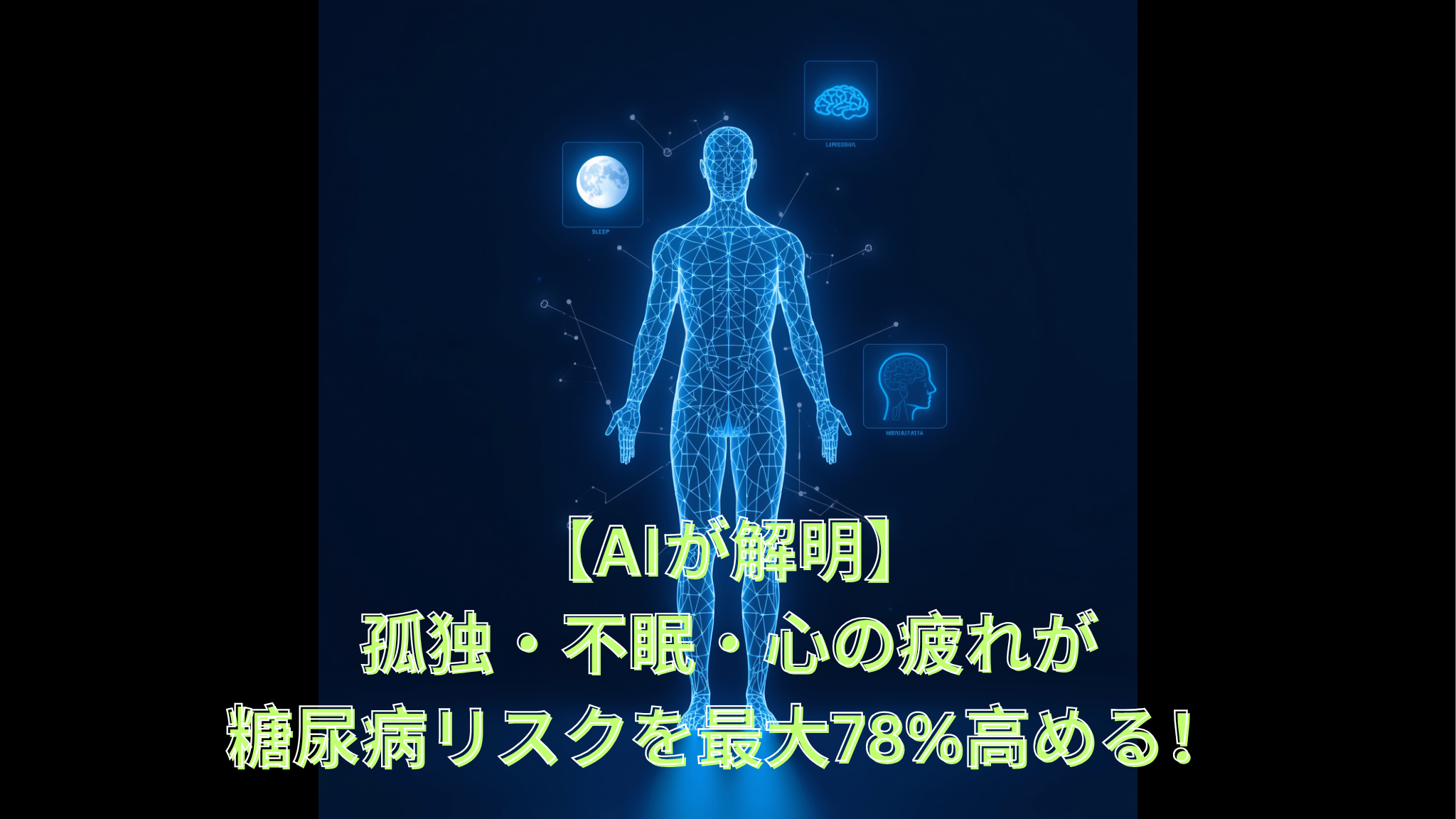 A modern, tech-style hero image showing a glowing digital human body silhouette made of blue neural network lines, with floating holographic icons representing sleep (moon), loneliness (isolated figure), and mental health (brain). Dark navy background with electric blue and cyan accents. Clean minimalist composition, soft glow effects, 3D rendered, cinematic lighting. Color palette: #1A365D, #2563EB, #06B6D4, #F8FAFC. Professional medical-tech aesthetic.