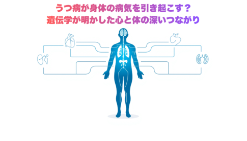 Clean modern medical illustration on white background. A translucent human silhouette with a glowing blue brain connected to multiple organ systems (heart, stomach, lungs, kidneys) via flowing blue light pathways. DNA double helix subtly integrated into the connecting pathways. Minimal flat design style with blue (#1A73E8) and teal accents on clean white. Professional healthcare aesthetic. No text.