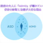 A clean, modern flat illustration showing two overlapping circles (Venn diagram style) in soft blue and sky blue, representing ASD and ADHD. Inside the overlap, a small human silhouette stands with puzzle pieces gently floating around. White background, minimalist design, healthcare-themed, calming blue palette, no text. [/image-prompt]