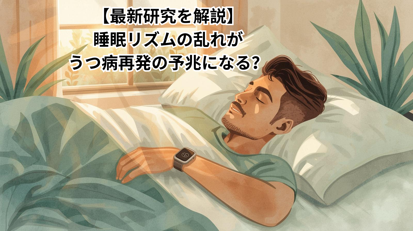 Soft watercolor illustration of a person sleeping peacefully in bed with a warm sunrise glow through the window, a smartwatch on their wrist subtly glowing, earth tones and sage green palette, cozy bedroom setting with plants, gentle and hopeful mood, warm natural lighting, minimalist composition