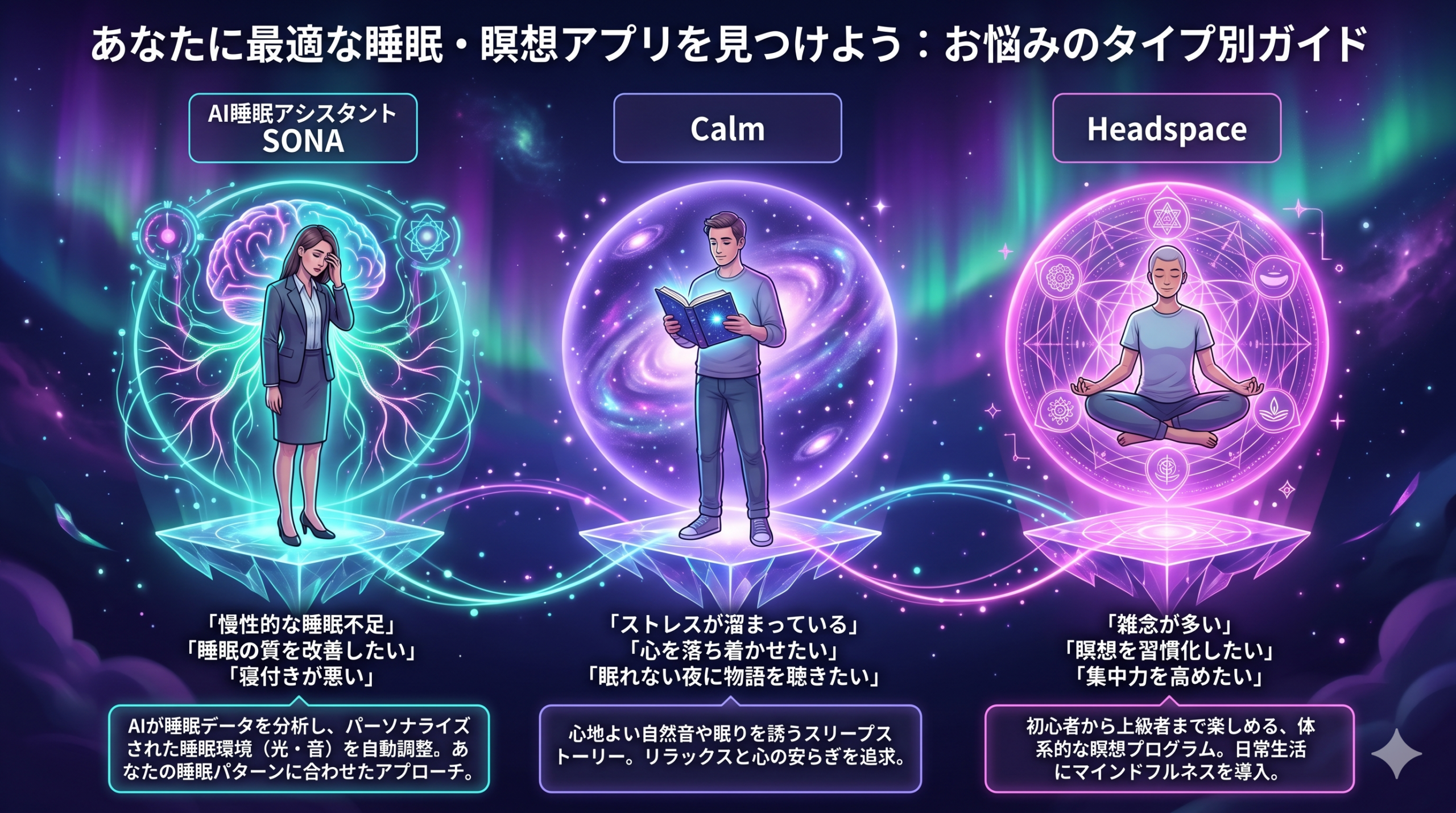 Three glowing personas in digital fantasy style, each standing on a hovering crystalline
platform. Left: a tired professional surrounded by SONA's neural device aura with neon
teal nerve filaments. Center: a relaxed person reading a glowing book in Calm's soft
violet starlight. Right: a meditating figure floating inside Headspace's magenta orb.
Connected by softly arcing neon paths. Deep indigo cosmic background with aurora
gradients and floating particles. Mystical-futuristic infographic style with empty label
area above each persona. Wide 16:9.