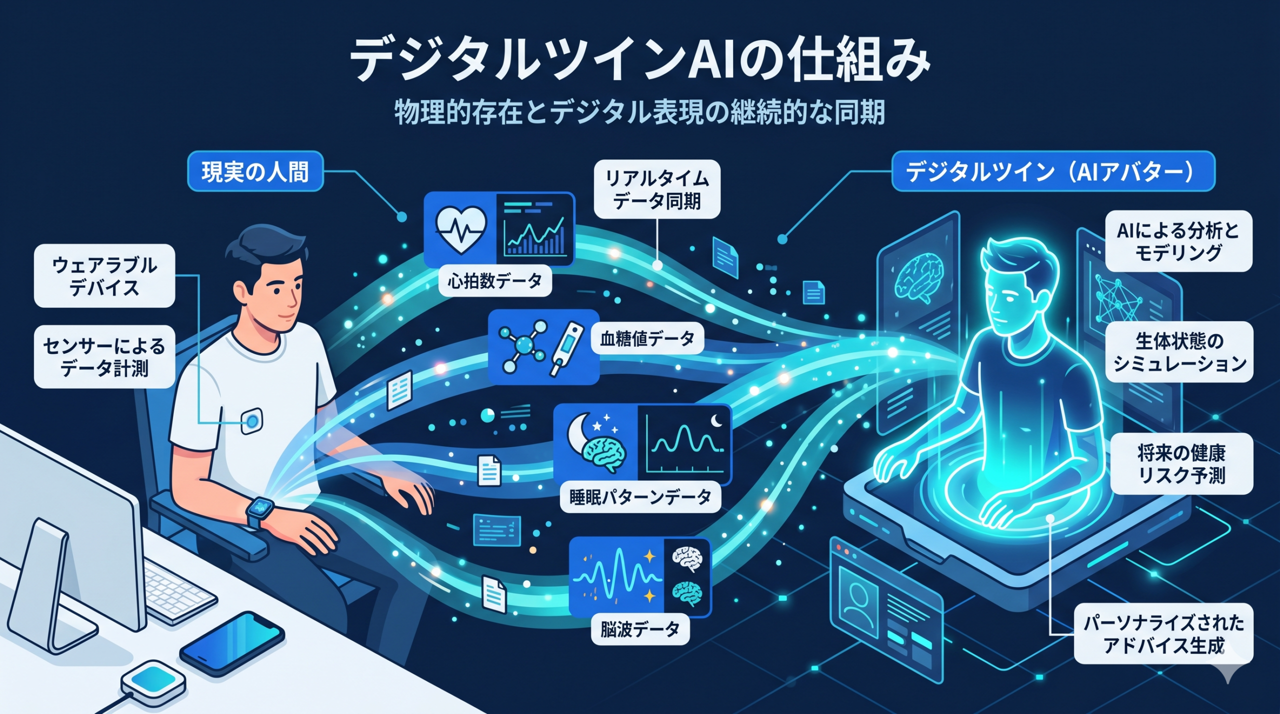 A clean infographic showing a real person on the left and their digital twin avatar on the right, connected by flowing data streams. Data icons include heart rate, blood glucose, sleep patterns, and brain waves. Modern tech illustration style with isometric perspective. Dark navy background with neon blue and cyan glowing elements. Flat design meets 3D elements. Color palette: #1A365D, #2563EB, #06B6D4, #F8FAFC. Japanese text areas left blank for labels.