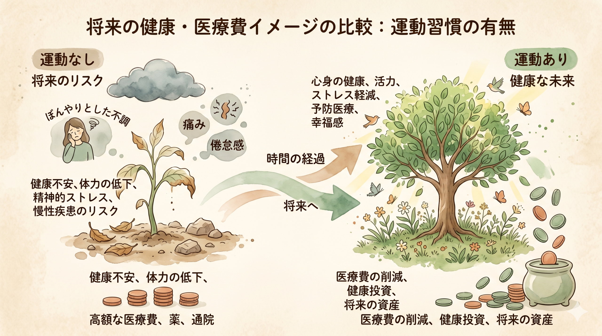 A hand-illustrated comparison visual: on the left, a small sprouting plant labeled '運動なし' with withered edges; on the right, a flourishing tree with green leaves and small coins falling around it labeled '運動あり'. Watercolor style, beige parchment background, sage green and warm terracotta palette, gentle hand-drawn lines. Two soft arrows of time flow between them. Cozy, editorial, metaphorical, no harsh edges.