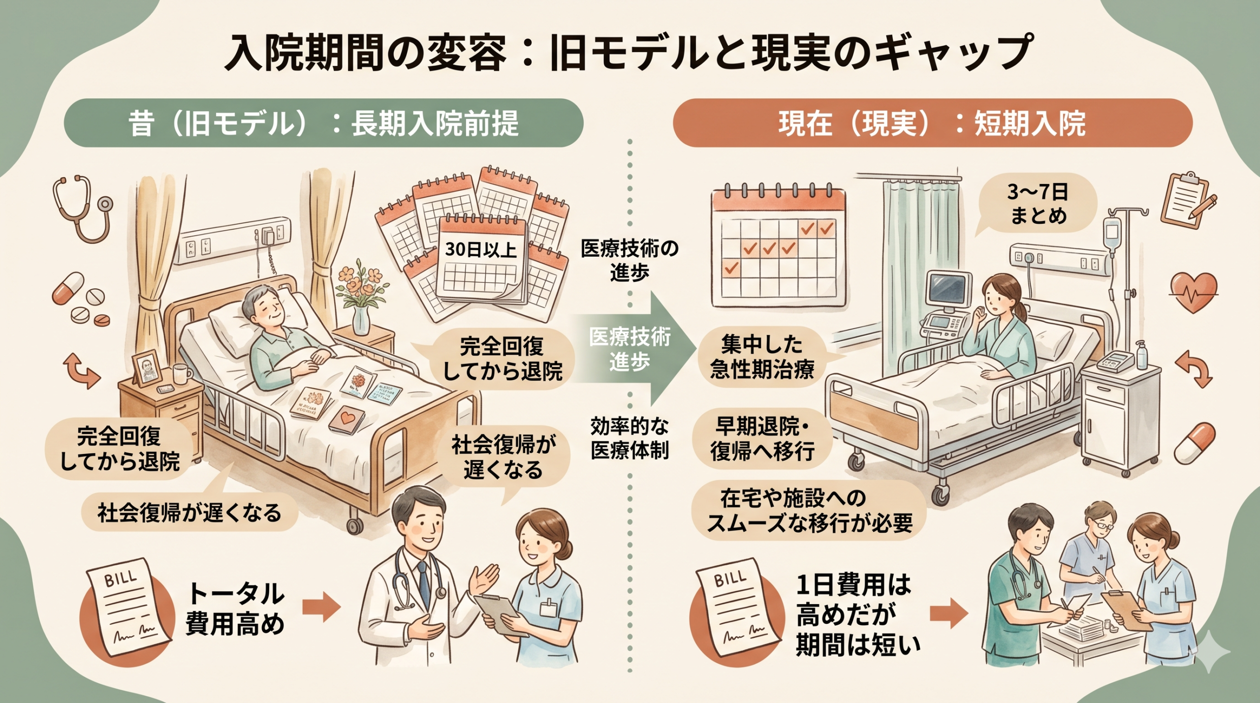 A warm, natural infographic comparing two hospital room illustrations side by side: left side 'past: 30+ days' with calendar pages, right side 'now: 3-7 days' with a short calendar. Soft beige background, sage green and warm terracotta accents, hand-drawn watercolor icons, minimal Japanese-safe layout (no embedded text). Style: natural, warm, friendly.
