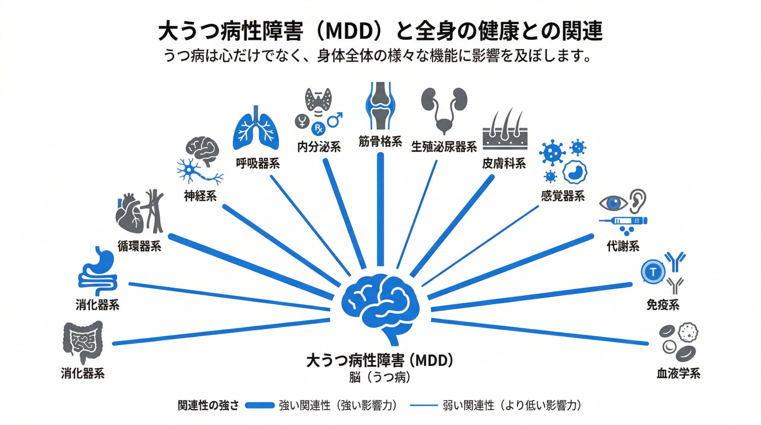 Clean data visualization showing connection between depression and 13 disease categories. Central brain icon in blue with radiating lines connecting to 13 organ/system icons arranged in a semicircle: digestive (stomach), circulatory (heart), neurological (nerve), respiratory (lungs), endocrine (thyroid), musculoskeletal (bone), genitourinary (kidney), dermatologic (skin), infectious (virus), sensory (eye/ear), and mental health. Each connection line thickness represents strength of association. White background, modern flat design, blue (#1A73E8) and gray (#5F6368) palette. Clean and professional. 