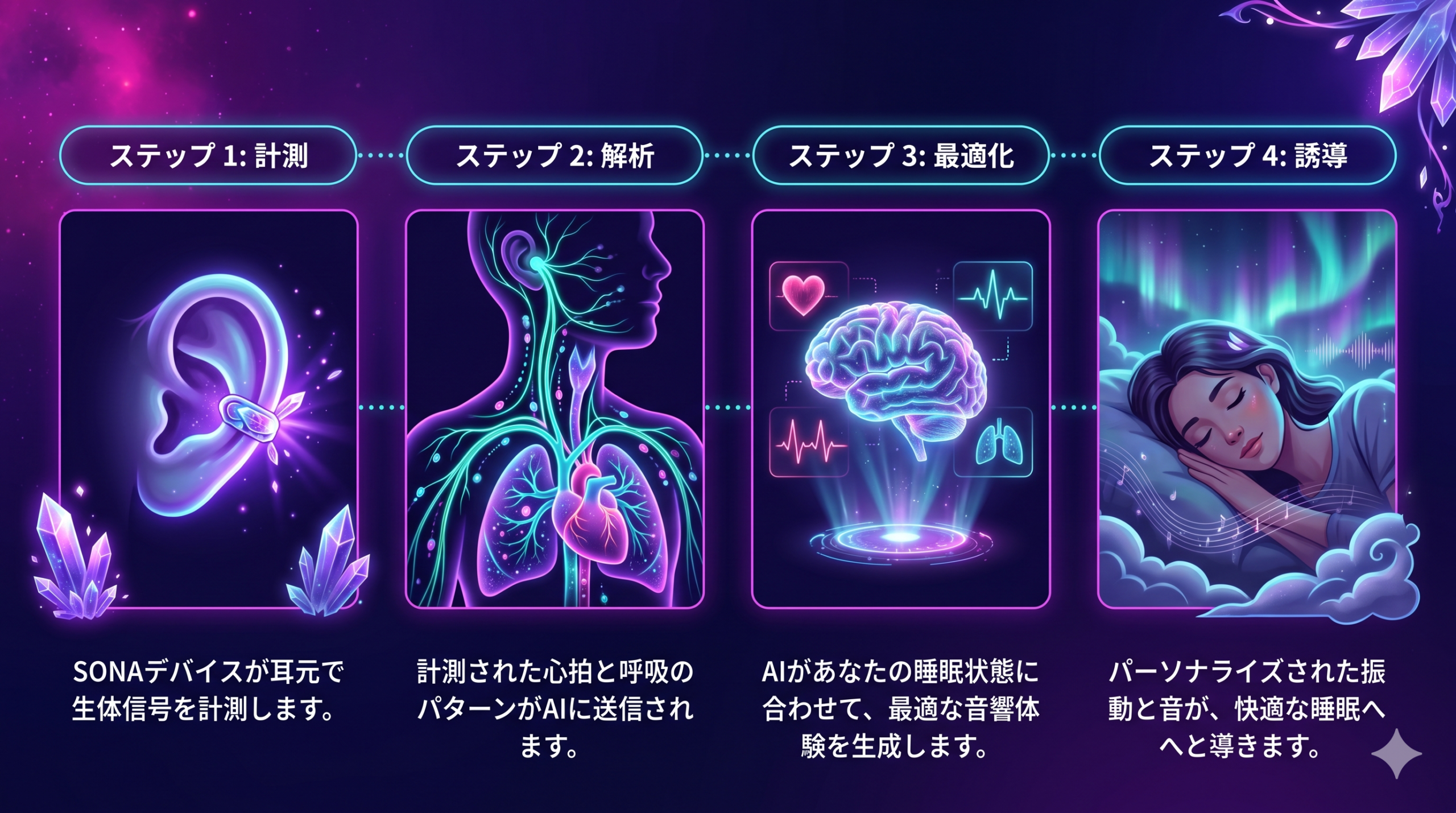 A digital fantasy step-by-step diagram of how SONA works, four panels arranged horizontally. Step 1: A glowing ear with a small crystalline ear-clip device emitting violet light. Step 2: Neon teal nerve pathways flowing from ear down through neck to heart and lungs. Step 3: A holographic AI brain analyzing pulsing heart waveforms and breathing patterns floating beside the figure. Step 4: A sleeping figure surrounded by calming aurora light, peaceful expression. Connected by dotted neon lines between panels. Deep indigo and violet color palette with magenta highlights. Mystical-futuristic aesthetic, clean labels space above each step. Wide 16:9.