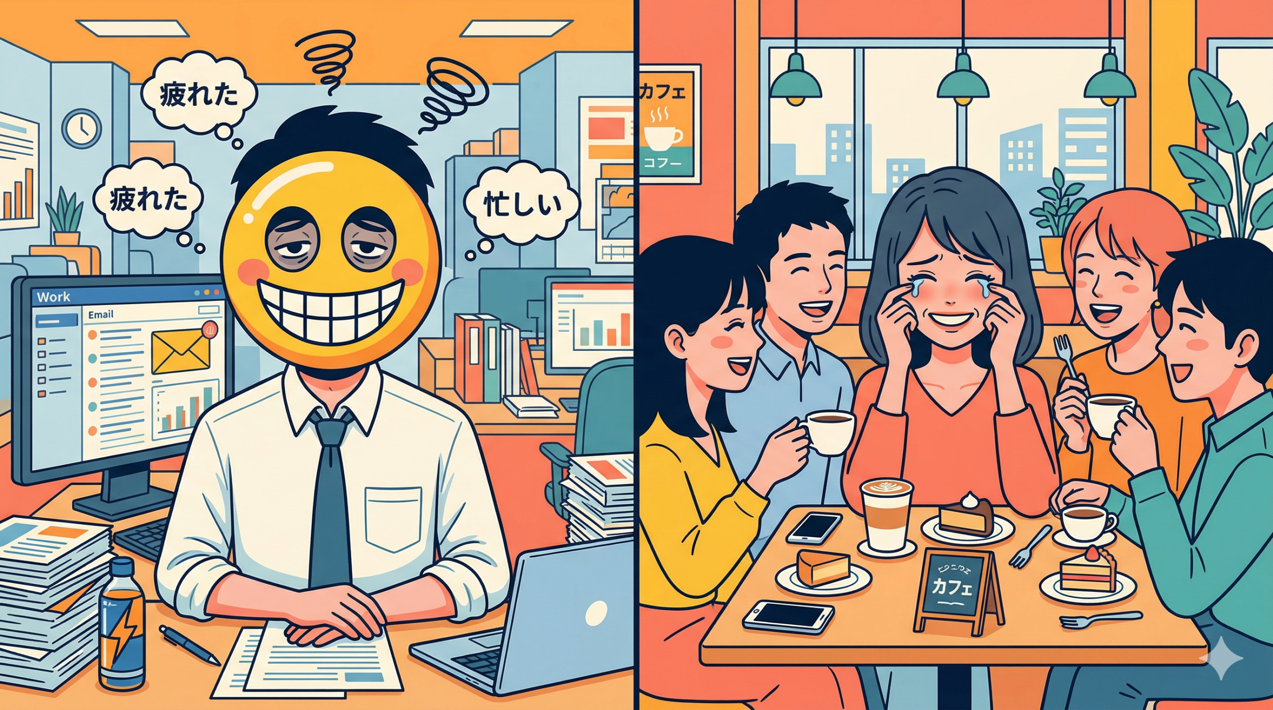 Colorful pop art illustration: split scene. Left side shows a Japanese office worker at desk wearing a cheerful emoji mask while internally stressed. Right side shows friends at a cafe, one person holding back tears behind a smile. Bright vibrant palette — orange, yellow, soft blue, coral. Flat vector style, modern Japanese setting.