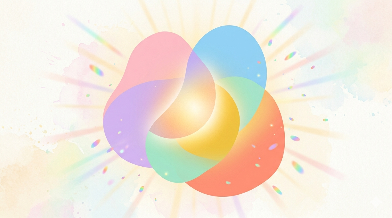 Abstract art style, colorful and warm. Two to three abstract organic shapes in different colors (representing diverse individuals) gently leaning toward each other, with soft glowing light where they overlap, symbolizing support, connection, and acceptance. Surrounding them are subtle rainbow-hued particles and gentle light rays. Background is soft cream white with pastel watercolor splashes. No text, no human faces. Mood: warmth, safety, belonging, empathy. Color palette: soft pink, lavender, sky blue, mint green, golden yellow, coral orange. High resolution, modern, inclusive aesthetic.