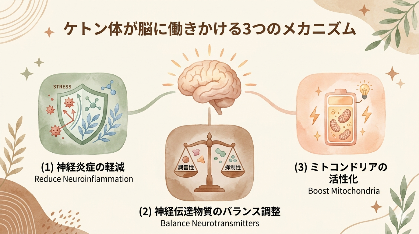 Warm-toned infographic with three rounded icons arranged horizontally: (1) a shield icon labeled 'Reduce Neuroinflammation', (2) a balance scale icon labeled 'Balance Neurotransmitters', (3) a battery/energy icon labeled 'Boost Mitochondria'. A gentle brain silhouette in the center connects to all three. Earth-tone palette: sage green, warm brown, soft peach, cream background. Watercolor texture, friendly and approachable style.
