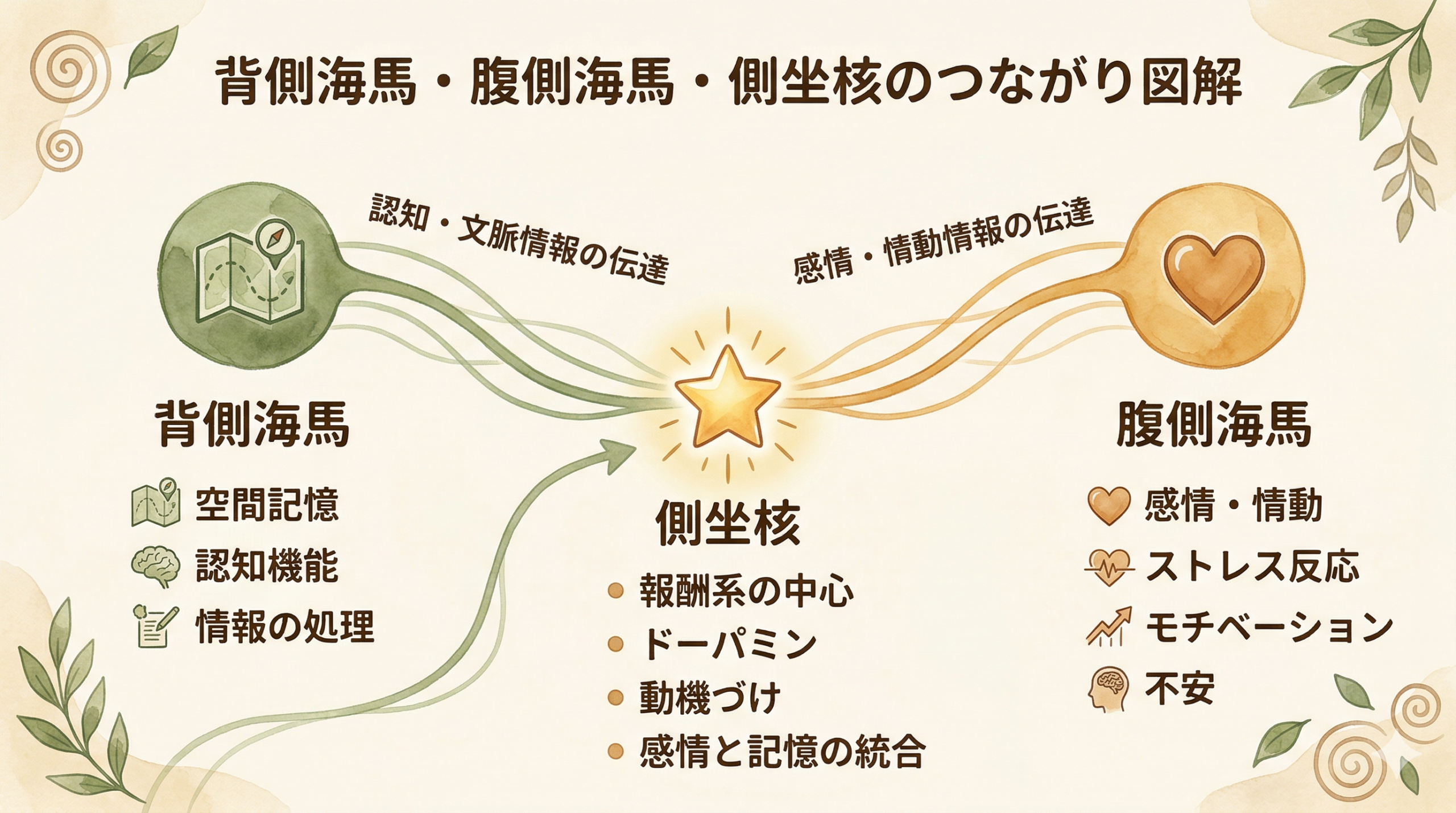 Clean infographic illustration showing three brain regions connected by gentle flowing lines. Left side: 'dorsal hippocampus' as a small map icon in moss green. Right side: 'ventral hippocampus' as a heart icon in warm amber. Both converge at center: 'nucleus accumbens' shown as a glowing star. Warm cream background, soft natural palette (greens, ambers, browns), hand-drawn watercolor style, Japanese-friendly minimal design.
