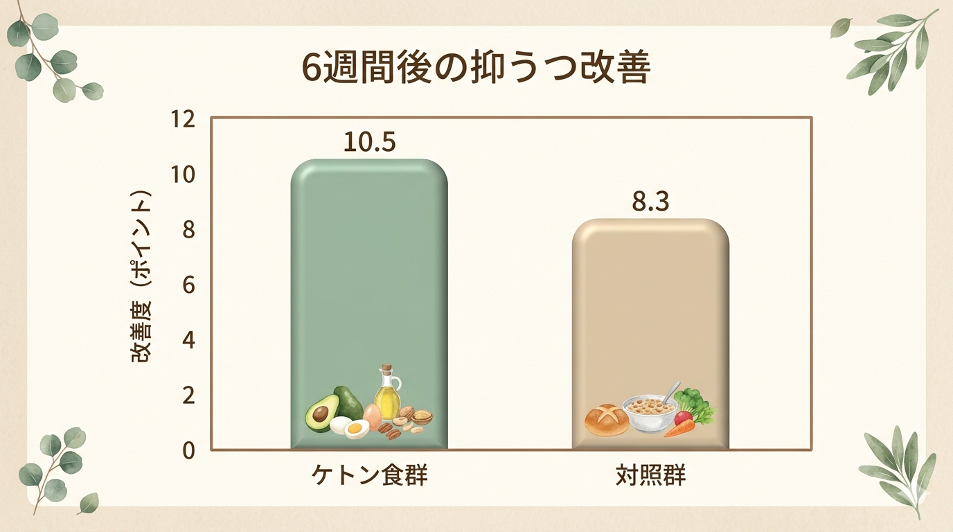 Simple bar chart comparing two groups: 'Ketogenic Diet' bar at 10.5 points (sage green) and 'Control' bar at 8.3 points (warm beige). Title: 'Depression Improvement After 6 Weeks'. Clean minimal design, earth-tone palette, warm cream background, rounded bar edges, soft shadows. No complex decorations.