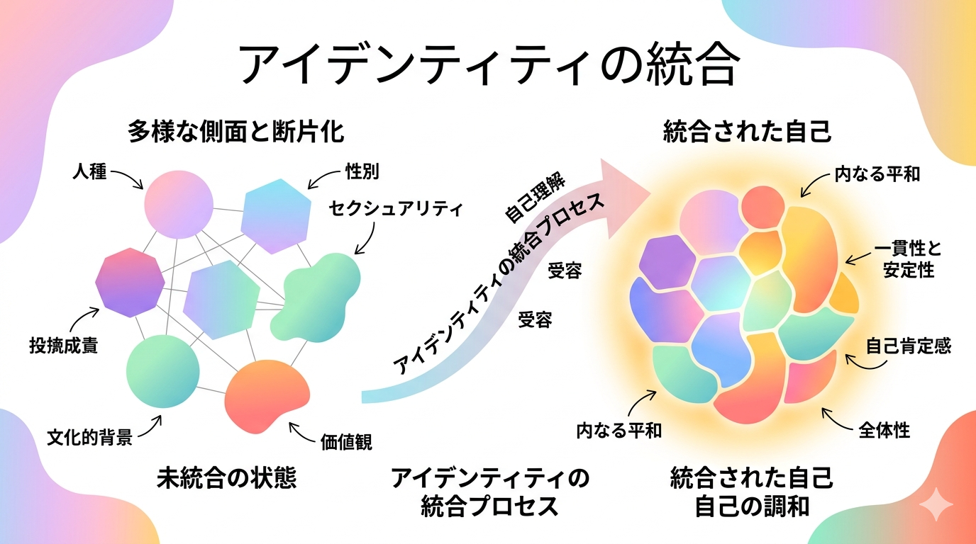 Abstract art style infographic, colorful and warm. Left side shows several separate colorful abstract shapes (representing different identity facets: race, gender, sexuality, etc.) floating apart with subtle tension lines. Right side shows the same shapes merged into one beautiful, harmonious, glowing mosaic form, radiating warmth and light. A gentle arrow connects left to right indicating the process of "Identity Cohesion." Background is clean white with soft pastel accents. Color palette: rainbow gradient — soft pink, lavender, sky blue, mint green, golden yellow, coral orange. No text, no human faces. Clean, modern, hopeful aesthetic. High resolution.