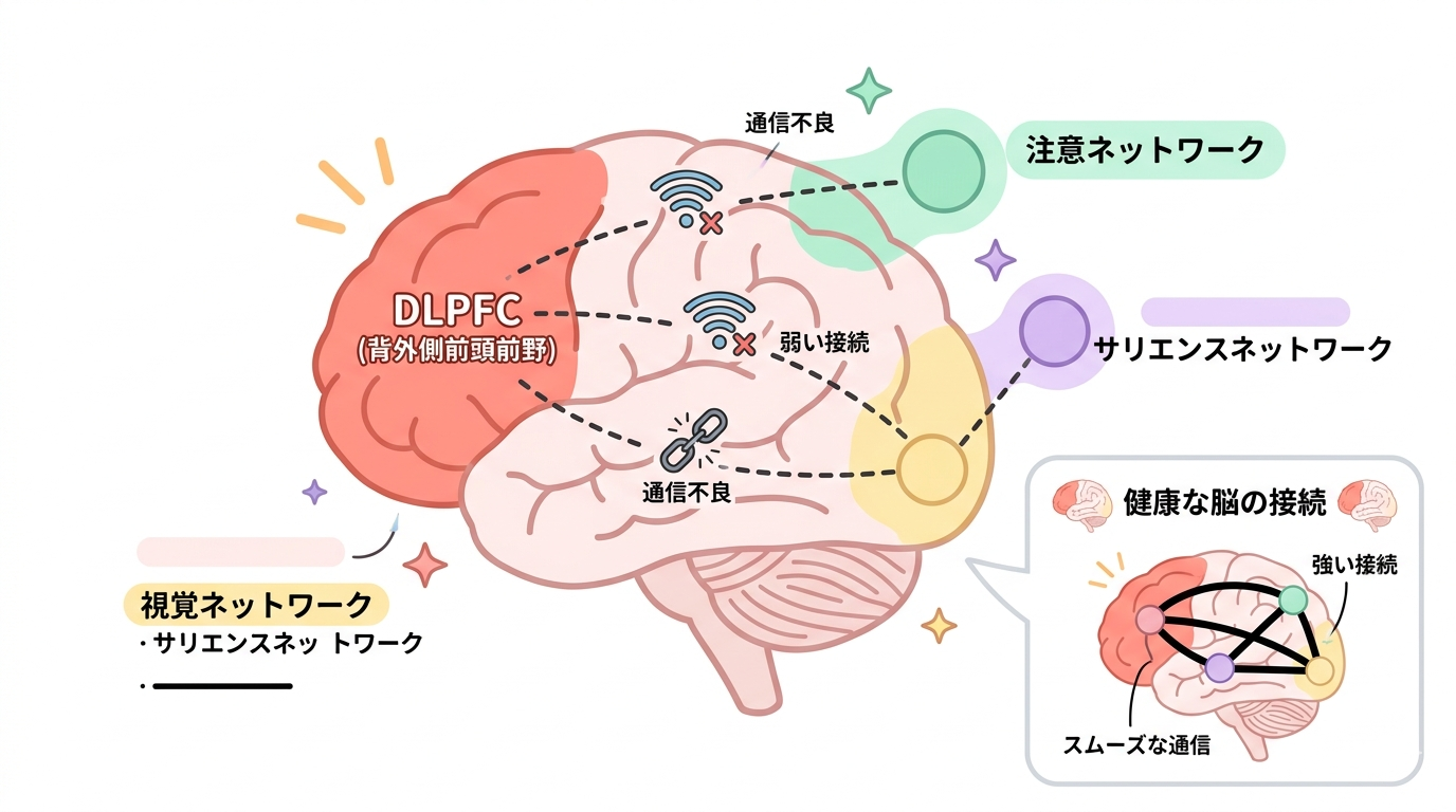 A colorful, pop-style brain connectivity diagram for a blog article. A stylized brain viewed from the side, with the left DLPFC area highlighted in coral pink. Three network nodes are shown: visual network (soft yellow), attention network (mint green), and salience network (lavender). Between the DLPFC and each node, dashed or broken lines represent weak connectivity, with small "disconnected" icons. A comparison callout shows a healthy brain with solid, strong connection lines. Flat illustration style, pastel palette, rounded shapes, clean white background. No real anatomical detail, simplified and friendly.