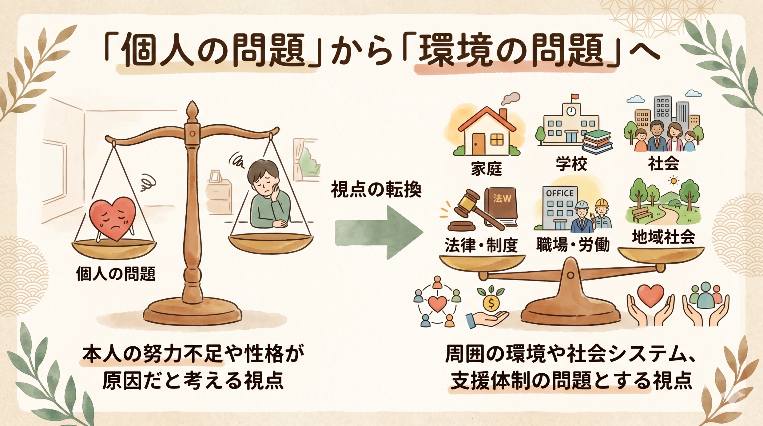 Hand-drawn infographic showing two scales: on one side a small heart labeled 'individual', on the other side multiple symbols representing 'school, society, laws, family'. Natural warm color palette (cream background, terracotta, sage green, warm brown). Watercolor texture, gentle and inviting style. Japanese-friendly minimal design. No specific text needed.