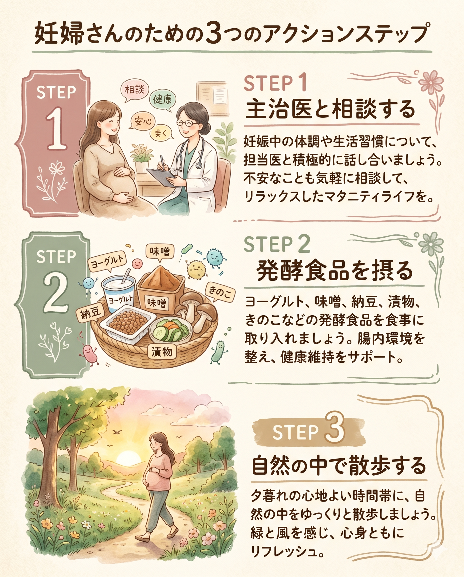 A vertical hand-drawn infographic with 3 steps for pregnant women. Step 1: a soft illustration of a woman talking with a doctor (warm conversation). Step 2: a basket of fermented foods—yogurt, miso, natto, vegetables, mushrooms—drawn in watercolor. Step 3: a peaceful scene of a pregnant woman walking in nature with sunset light. Numbered "1, 2, 3" in hand-lettered style. Cream background, sage green, dusty pink, warm beige palette. Organic, encouraging, no English text inside the illustrations.
