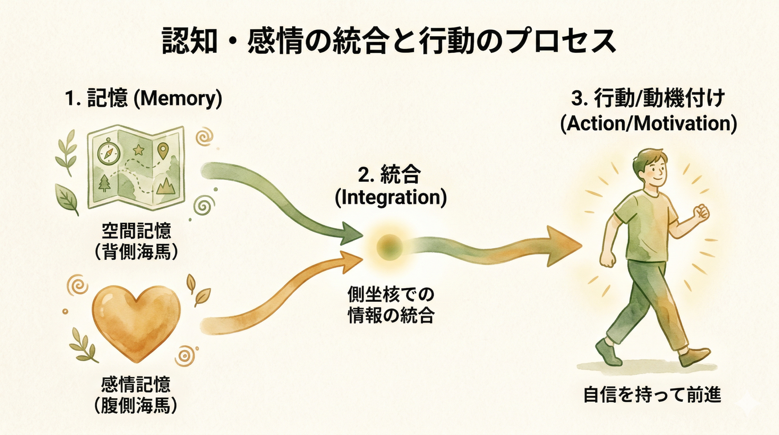 Three-step flow diagram in warm natural style. Step 1: 'Spatial Memory' (dorsal hippocampus) shown as a gentle map icon. Step 2: 'Emotional Memory' (ventral hippocampus) shown as a warm heart icon. Step 3: Both arrows converge into 'Action/Motivation' (nucleus accumbens) shown as a person walking forward with confidence. Connected by flowing arrows in moss green and amber. Soft watercolor texture, cream background, clean minimal layout.