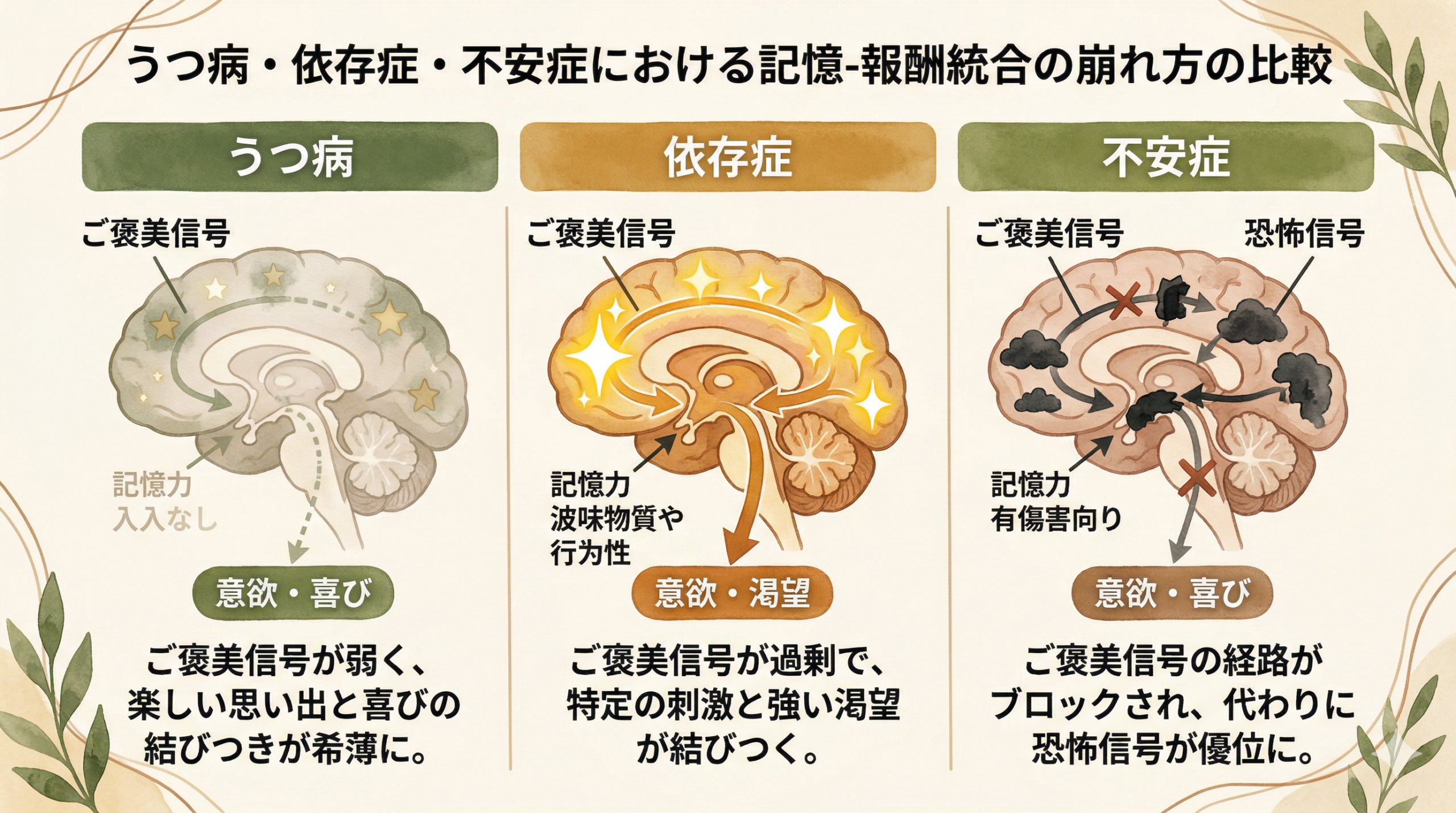 Comparison infographic with three columns: 'Depression' (dim, faded reward signals), 'Addiction' (overly bright, excessive reward signals), 'Anxiety' (blocked pathways with fear signals). Each column shows a simplified brain pathway diagram. Natural warm palette: moss green, amber, soft browns on cream background. Clean watercolor illustration style, informative yet gentle.