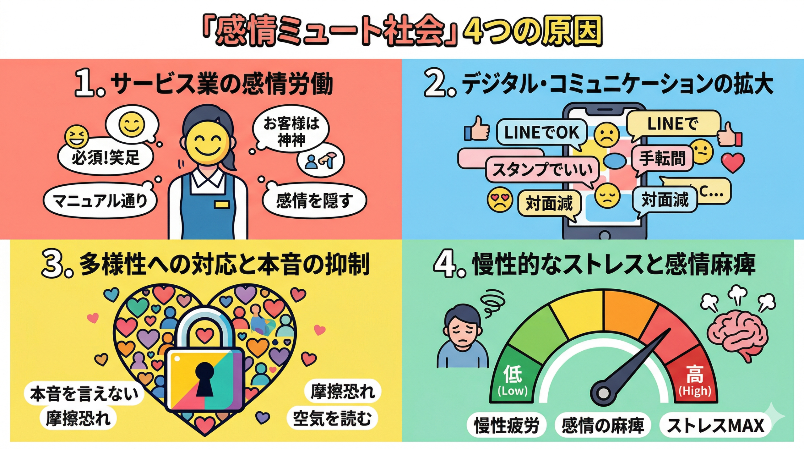 Four-quadrant colorful infographic showing causes of emotional muting in Japan. Top-left (coral): service worker with forced smile icon. Top-right (sky blue): smartphone with text bubbles replacing face-to-face talk. Bottom-left (lemon yellow): diversity heart with a lock. Bottom-right (mint): stress meter going from low to high. Pop art flat illustration, vibrant colors, white background, numbered 1-4.