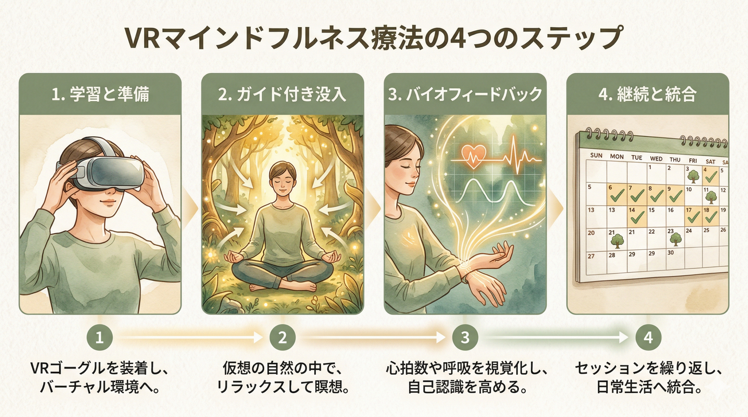 A four-step illustrated flow diagram for VR mindfulness therapy. Step 1: person putting on
VR headset. Step 2: person meditating in virtual forest. Step 3: heartbeat/biofeedback
visualization. Step 4: calendar with checkmarks showing repeated sessions. Soft watercolor
illustration style, warm earthy palette of sage, cream, and amber. Clean numbered layout.