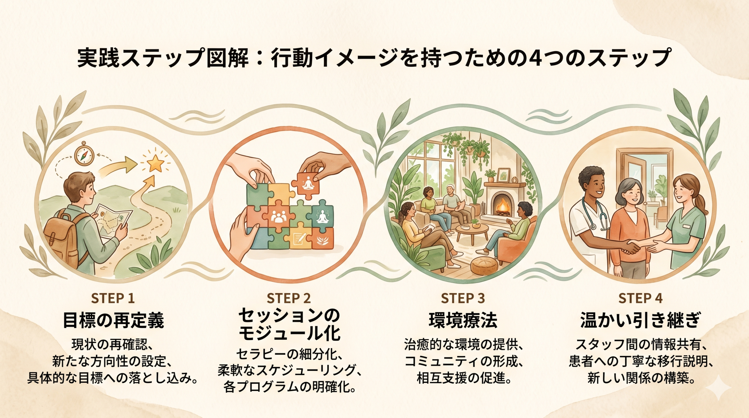 A horizontal four-step flow illustration: 'redefine goal', 'modular sessions', 'milieu therapy', 'warm handoff'. Each step shown as a circular watercolor icon connected by a gentle flowing line. Palette: soft beige, sage green, warm terracotta, cream. Hand-drawn, natural, warm, paper texture. No embedded text (labels will be added in-document). Style: natural, warm, friendly.