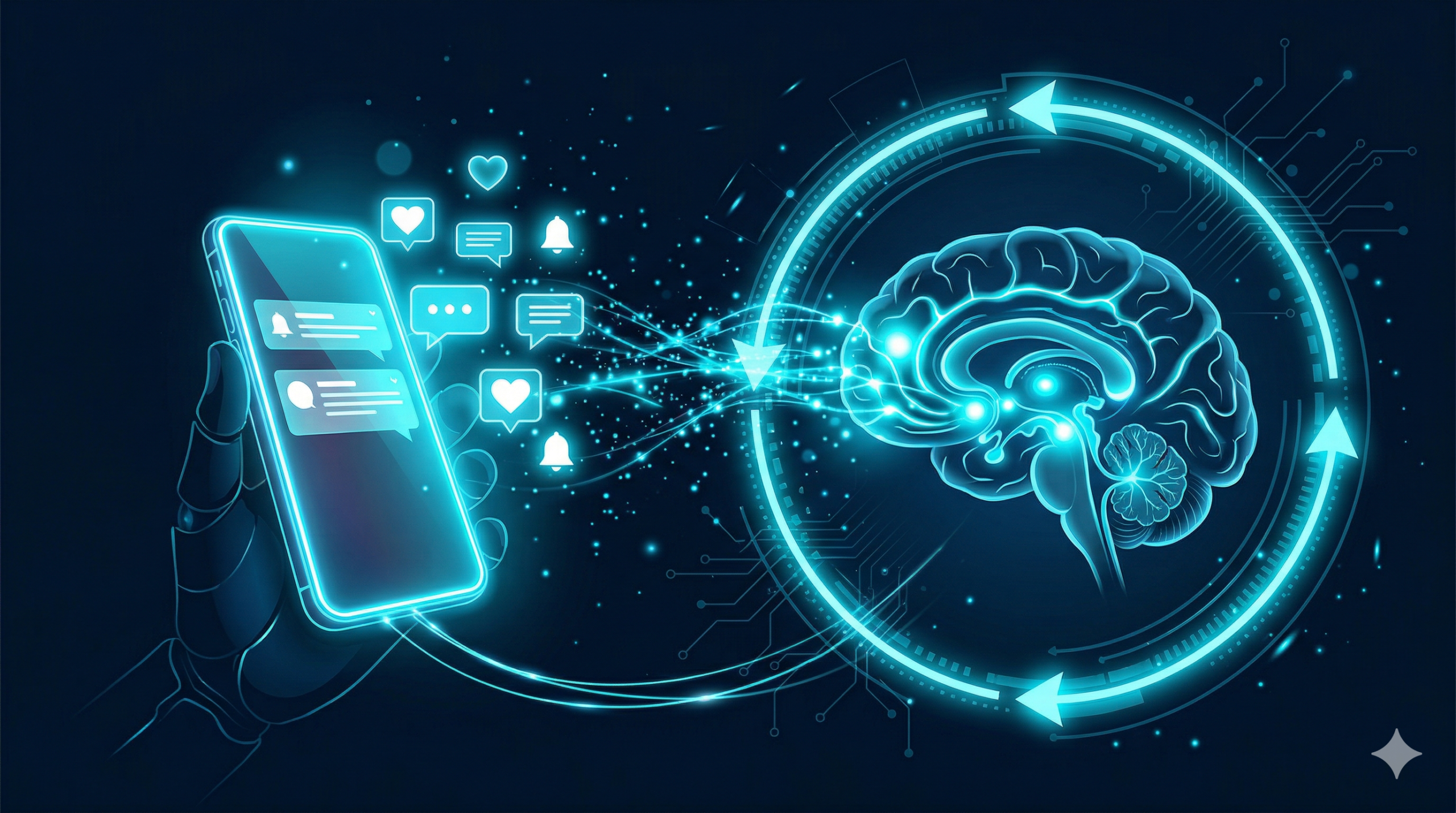 A cybernetic visualization of a feedback loop between a smartphone and the human reward system. Dark navy background (#0D1B2A). A glowing smartphone emitting notification icons (hearts, messages, bell) that transform into luminous cyan (#00D4FF) neural signals flowing into a stylized brain reward circuit. A circular arrow motif showing the addiction loop. Digital particles and circuit patterns. Clean composition, no text, futuristic medical illustration style.