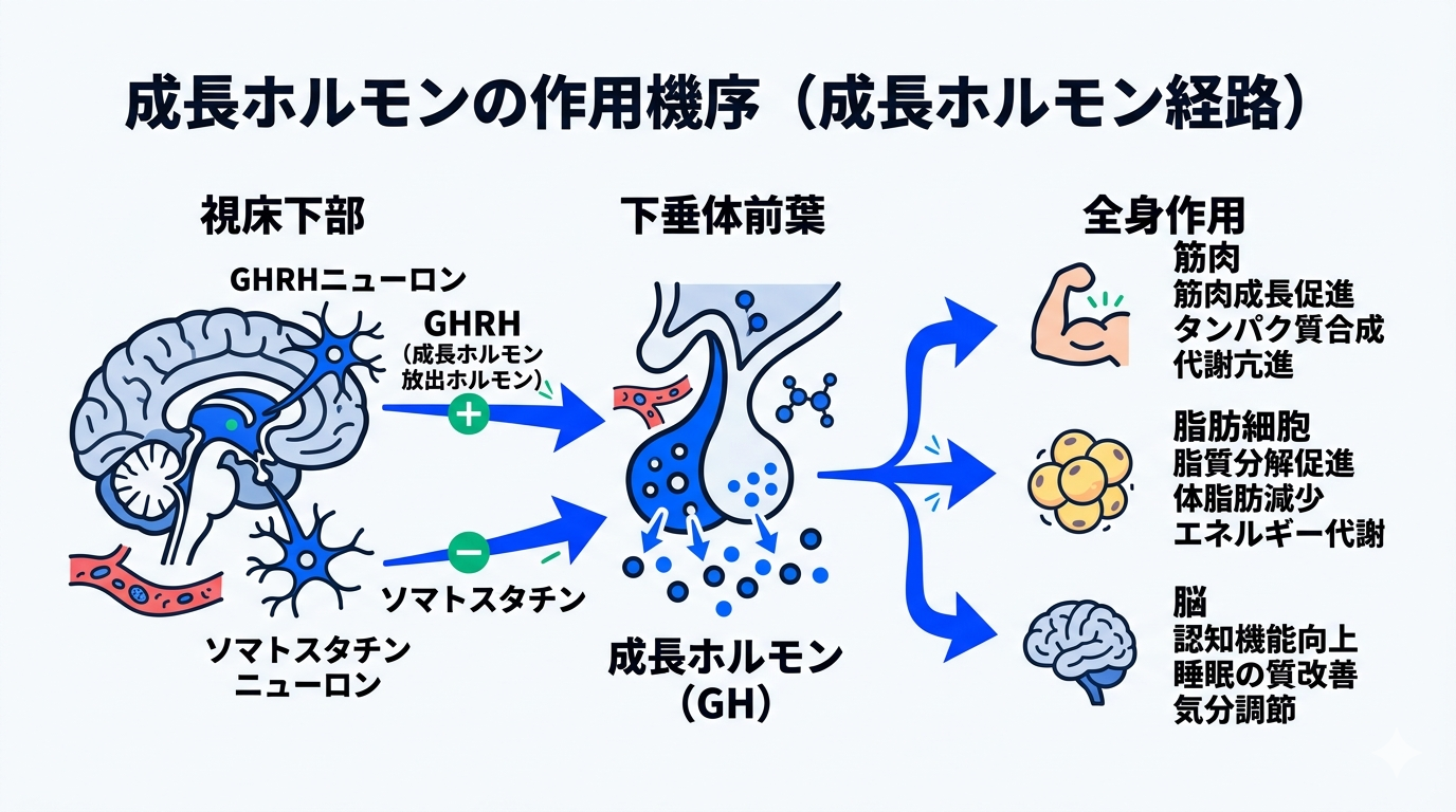 Clean minimal infographic showing the sleep hormone pathway. Three connected sections: (1) Hypothalamus with GHRH and Somatostatin neurons labeled, (2) Pituitary gland releasing Growth Hormone shown as blue particles, (3) Three body icons representing muscles (bicep), fat cells, and brain. Connecting arrows in electric blue. White background, modern flat design, icon-based illustration. Color palette: #2563EB blue, #1E293B dark text, #F8FAFC background, #10B981 green accents. Clean sans-serif typography.
