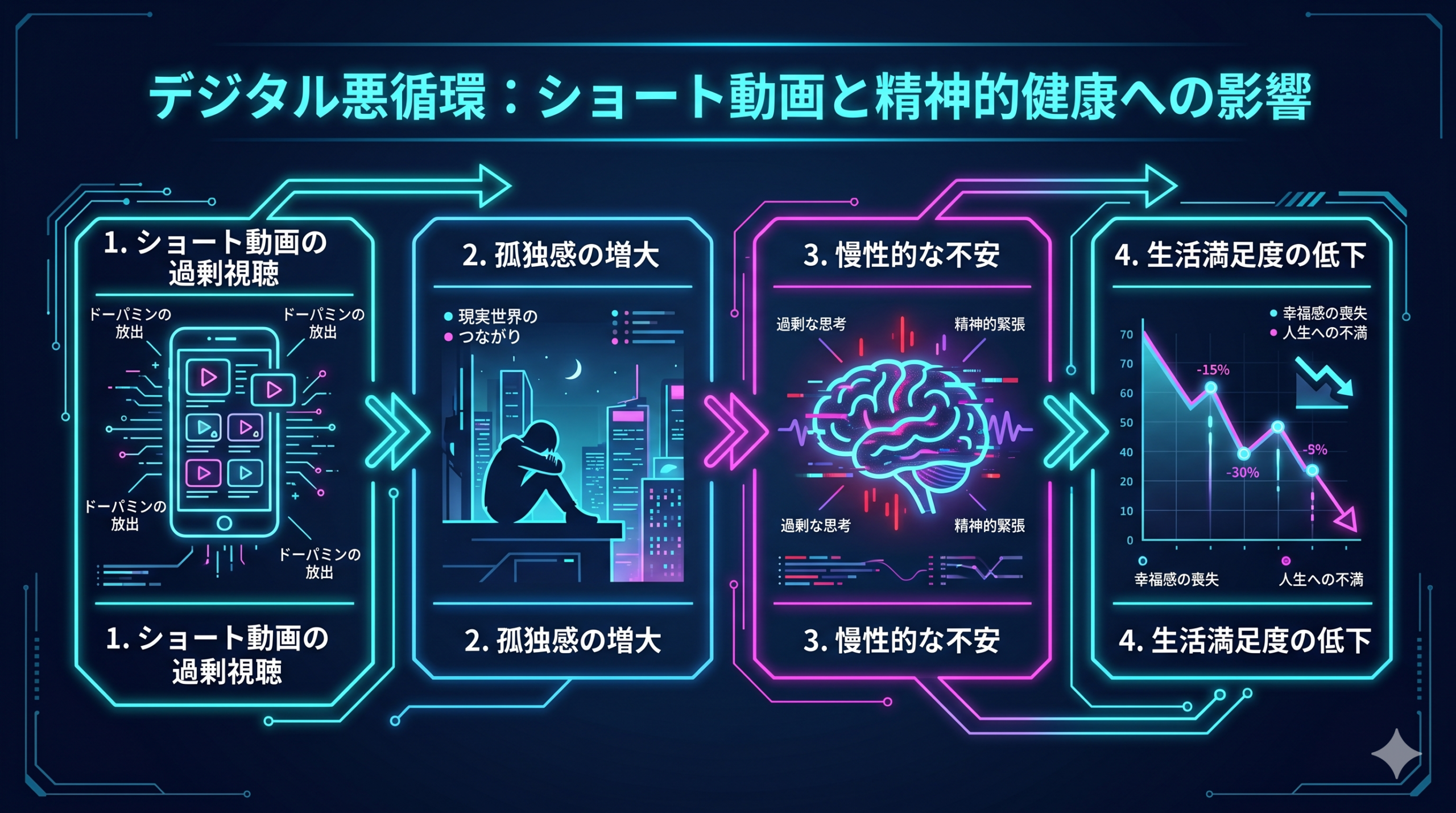 【画像の種類】インフォグラフィック 【目的】「ショート動画 → 孤独 → 不安 → 生活満足度低下」の順序経路を視覚化 【推奨サイズ】横長(16:9) 【生成プロンプト（英語）】 Cyberpunk-styled infographic showing a 4-step cascading pathway with neon arrows: (1) smartphone with short video icons, (2) silhouette of a lonely person, (3) anxious wavy brain pattern, (4) downward graph of life satisfaction. Use glowing cyan and magenta neon lines on dark navy background, minimalist geometric icons with circuit-board accents, English labels kept minimal, futuristic UI style, 16:9 horizontal composition.