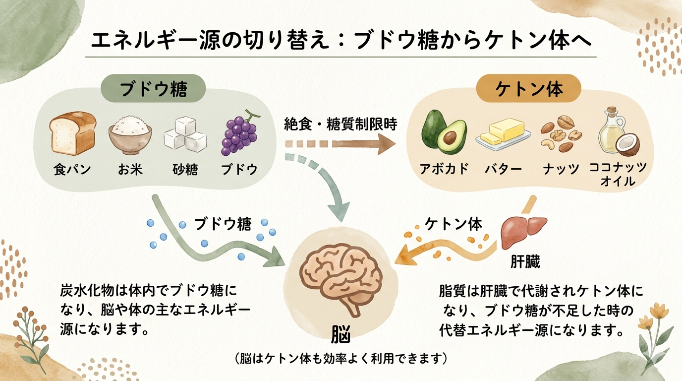 Clean infographic showing energy source switch: left side shows bread/rice/sugar with arrow labeled 'Glucose' pointing to a brain icon; right side shows avocado/butter/nuts with arrow labeled 'Ketone bodies' pointing to same brain icon. Soft earth-tone palette: sage green, warm brown, cream. Watercolor style, minimal text, warm and approachable. Simple flow diagram layout. 