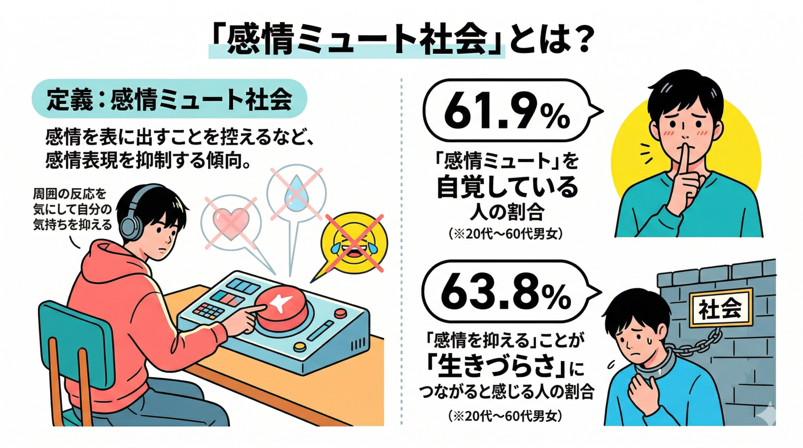 Colorful infographic showing "Kanjou Mute Shakai" concept. Three vibrant illustrated icons: 1) A person pressing a mute button on their own emotions, 2) 61.9% text in bold bubble, 3) 63.8% in another bubble. Pop art style, bright colors (coral, teal, yellow), clean white background. Flat vector style.