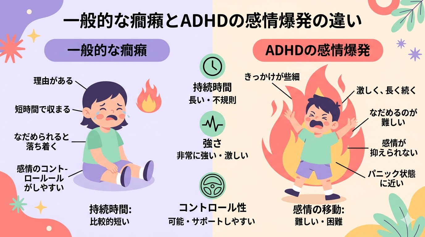 A pop, colorful infographic comparing "typical tantrums" vs "ADHD intense emotional outbursts (IEOs)" in a side-by-side layout. Left side: a calm child figure with a small flame icon, labeled with short mild descriptors. Right side: a child figure with a large, swirling flame icon, labeled with intense descriptors. Use pastel color palette (lavender, coral pink, mint green, soft yellow), rounded shapes, flat design, clean modern layout. Include simple icons for duration, intensity, and controllability. No real photos, illustration style only. Minimal text placeholders.