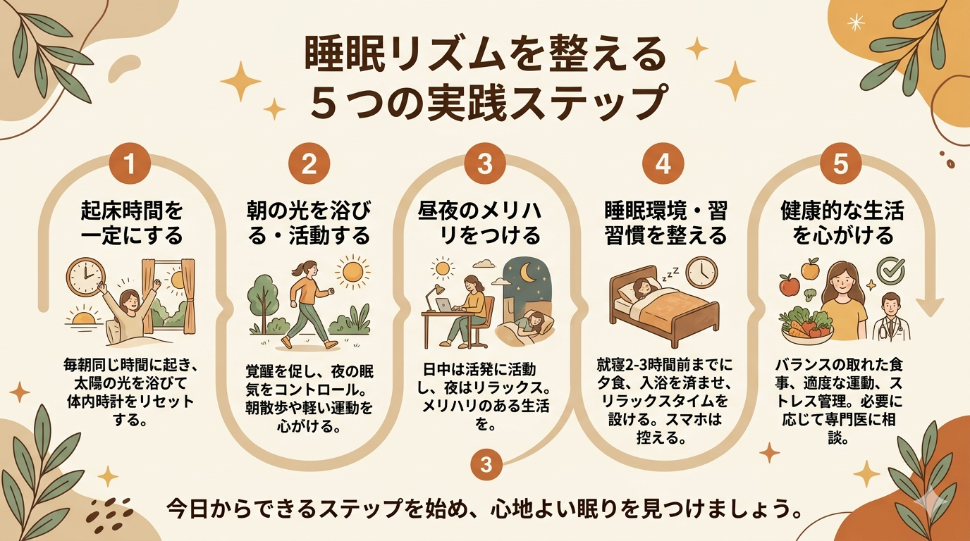 Step-by-step infographic with 5 numbered steps for improving sleep rhythm, warm natural illustration style, earth tones with sage green accent, icons for each step (clock, sun, walking person, smartwatch, doctor), flowing left-to-right layout, cozy and encouraging mood, cream background with soft shadows