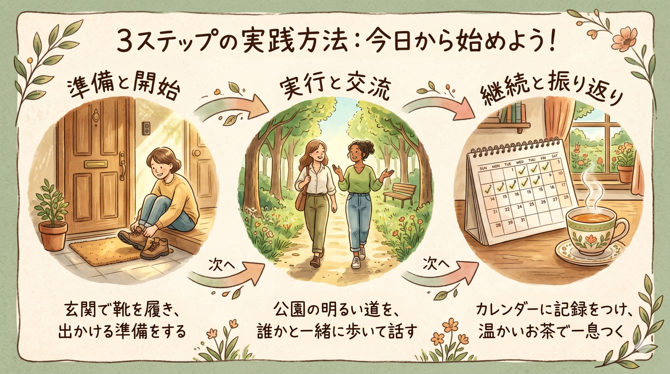 A hand-illustrated three-step journey visual with soft watercolor arrows connecting three circular scenes: (1) a person putting on walking shoes at a wooden door, (2) two people walking and talking on a sunlit park path, (3) a calendar marked with small checkmarks and a cup of tea. Warm beige and sage green palette, organic textures, handwritten Japanese labels under each scene. Cozy, encouraging, editorial illustration, no digital sharpness.