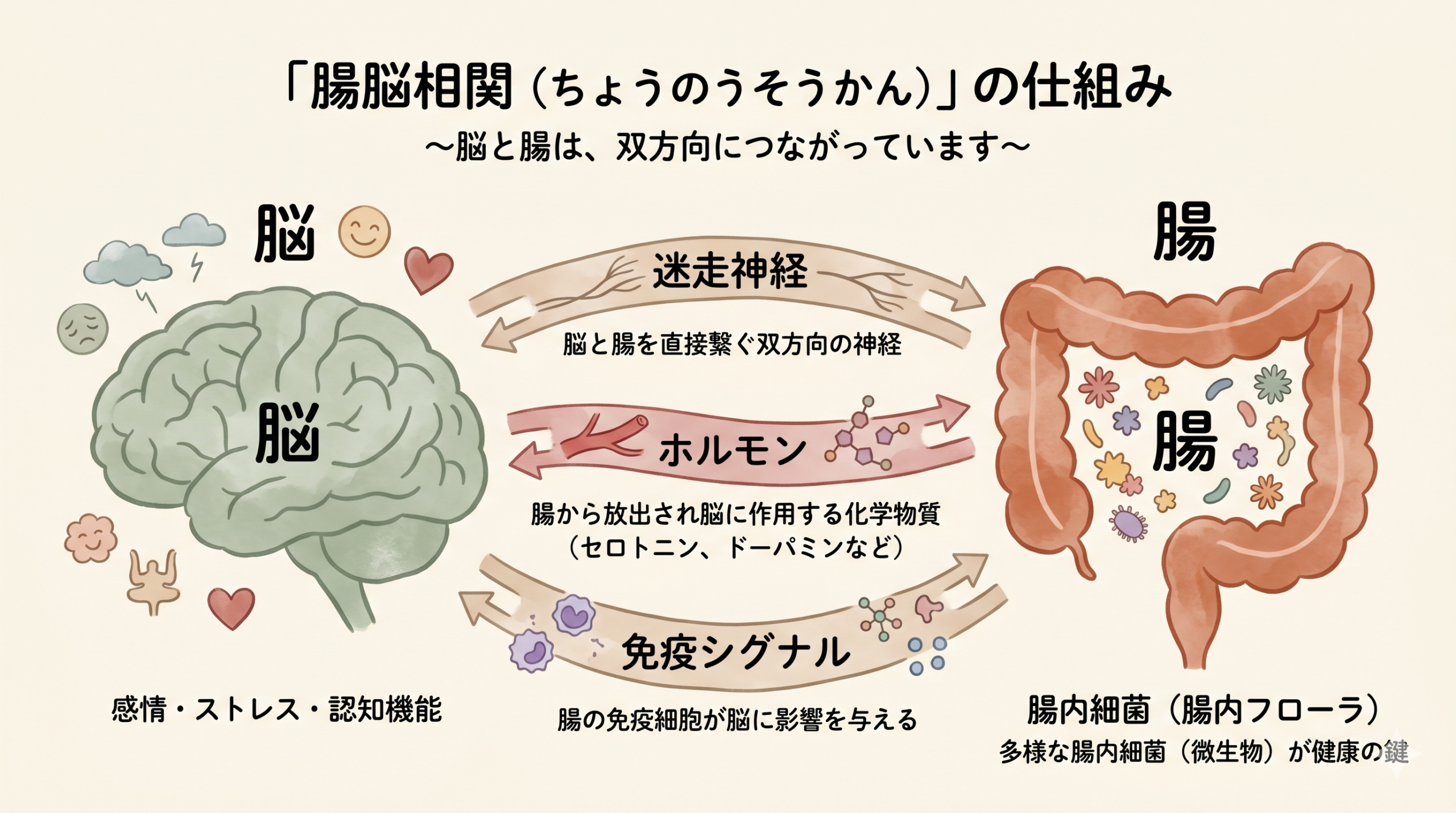A natural, hand-drawn infographic showing the gut-brain axis. On the left, a stylized brain in soft sage green; on the right, a stylized intestine in warm terracotta. Connect them with three labeled flowing ribbons: "Vagus Nerve," "Hormones," "Immune Signals" (text in simple sans-serif). Add small flower-like illustrations representing gut microbiota. Watercolor texture, cream background, warm earthy palette: sage, terracotta, dusty pink, beige. Minimal, friendly, organic style.