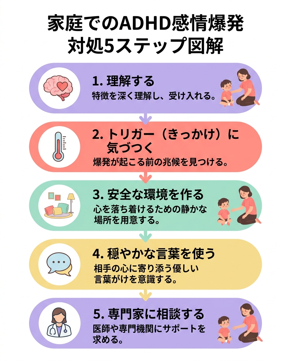 A vertical step-by-step infographic with 5 numbered steps for handling ADHD emotional outbursts at home. Each step has a simple icon and a short placeholder text area. Steps flow from top to bottom with arrows. Icons include: (1) a brain with a heart - understand, (2) a thermometer - recognize triggers, (3) a calm space icon - create safe environment, (4) a speech bubble - use calm words, (5) a professional/doctor icon - seek support. Pop flat design, pastel colors (lavender, coral pink, mint green, soft yellow), rounded shapes, clean white background. Friendly and approachable style.