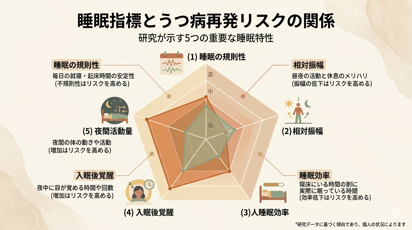 Data visualization infographic showing 5 sleep metrics and depression relapse risk, bar chart or radar chart style, warm earth tones with sage green highlights, clean minimalist design, icons for each metric (sleep regularity, relative amplitude, sleep efficiency, wake after sleep onset, nighttime activity), light cream background, professional yet approachable