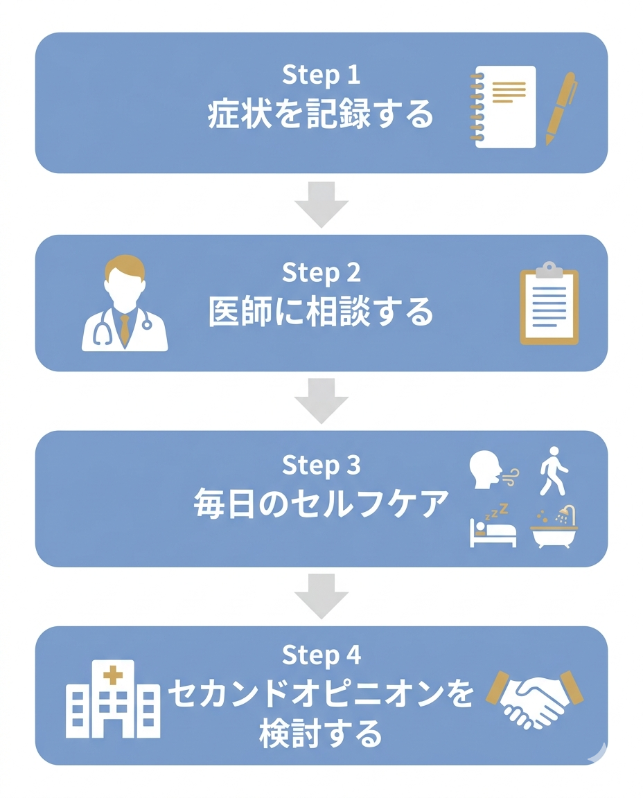 A clean, modern step-by-step infographic showing 4 action steps vertically arranged with connecting arrows. Step 1: "Record Symptoms" with a notebook and pen icon. Step 2: "Consult Your Doctor" with a doctor and clipboard icon. Step 3: "Daily Self-Care" with icons of breathing, walking, sleeping, and bathing. Step 4: "Consider a Second Opinion" with a hospital building and handshake icon. Each step is inside a rounded rectangle with soft blue background. Connecting arrows flow downward in light grey. Background: white. Style: minimalist flat design. Color palette: soft blue, white, light grey, warm gold accents for highlights. No photorealism. No Japanese text — use simple English labels only.