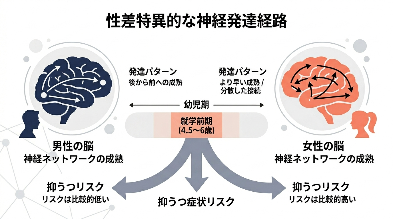 A clean, modern infographic on a white background. Title area at top (blank for overlay text). Left side: a simplified brain icon in navy (#1B2A4A) with a male silhouette, showing neural network lines maturing in a certain pattern (arrows going from back to front). Right side: a simplified brain icon in soft coral (#F4845F) with a female silhouette, showing a different maturation pattern (arrows in a different sequence). In the center, a timeline bar labeled "infancy" with a highlighted zone for ages 4.5-6. Below, a diverging arrow pointing to "depressive symptom risk" with different magnitudes for each side. Flat design, sans-serif labels, minimalist, light grey (#F0F0F0) accent areas.