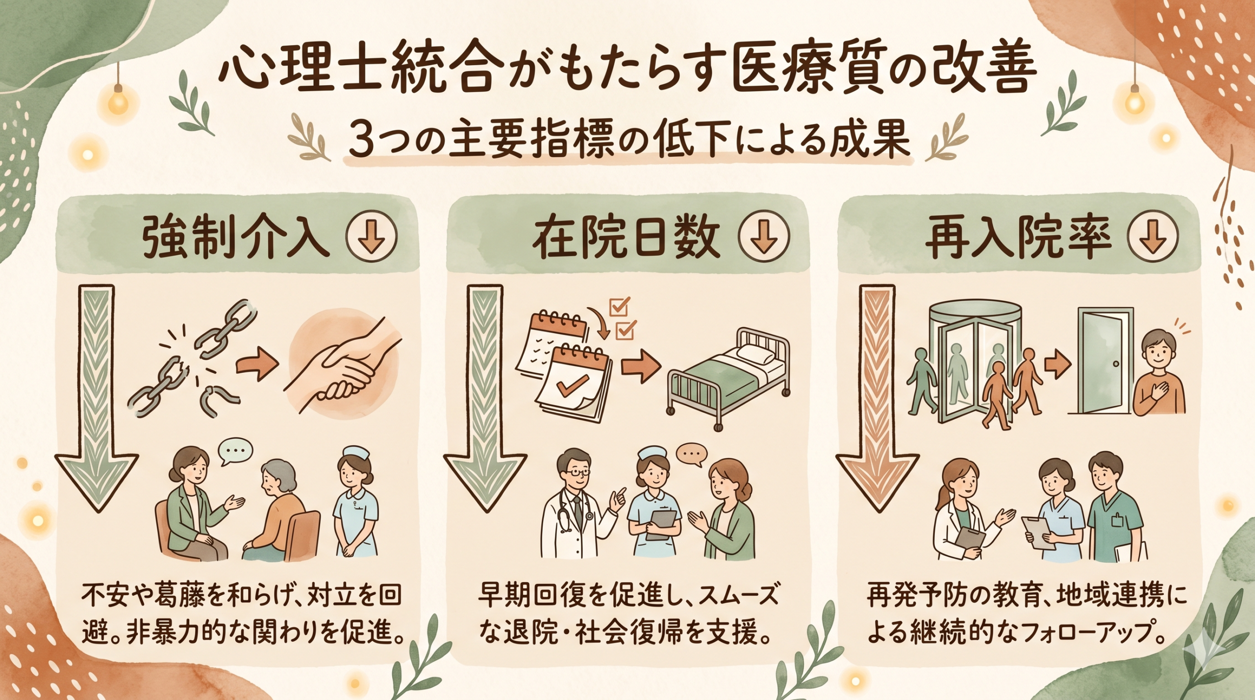 A warm hand-drawn infographic showing three downward arrows labeled by gentle icons: restraint (chain icon), length of stay (calendar icon), readmission (revolving door icon). All arrows in a sage green and terracotta watercolor style on beige paper background. No embedded numbers or text. Style: natural, warm, soft, friendly, clinical-but-human.