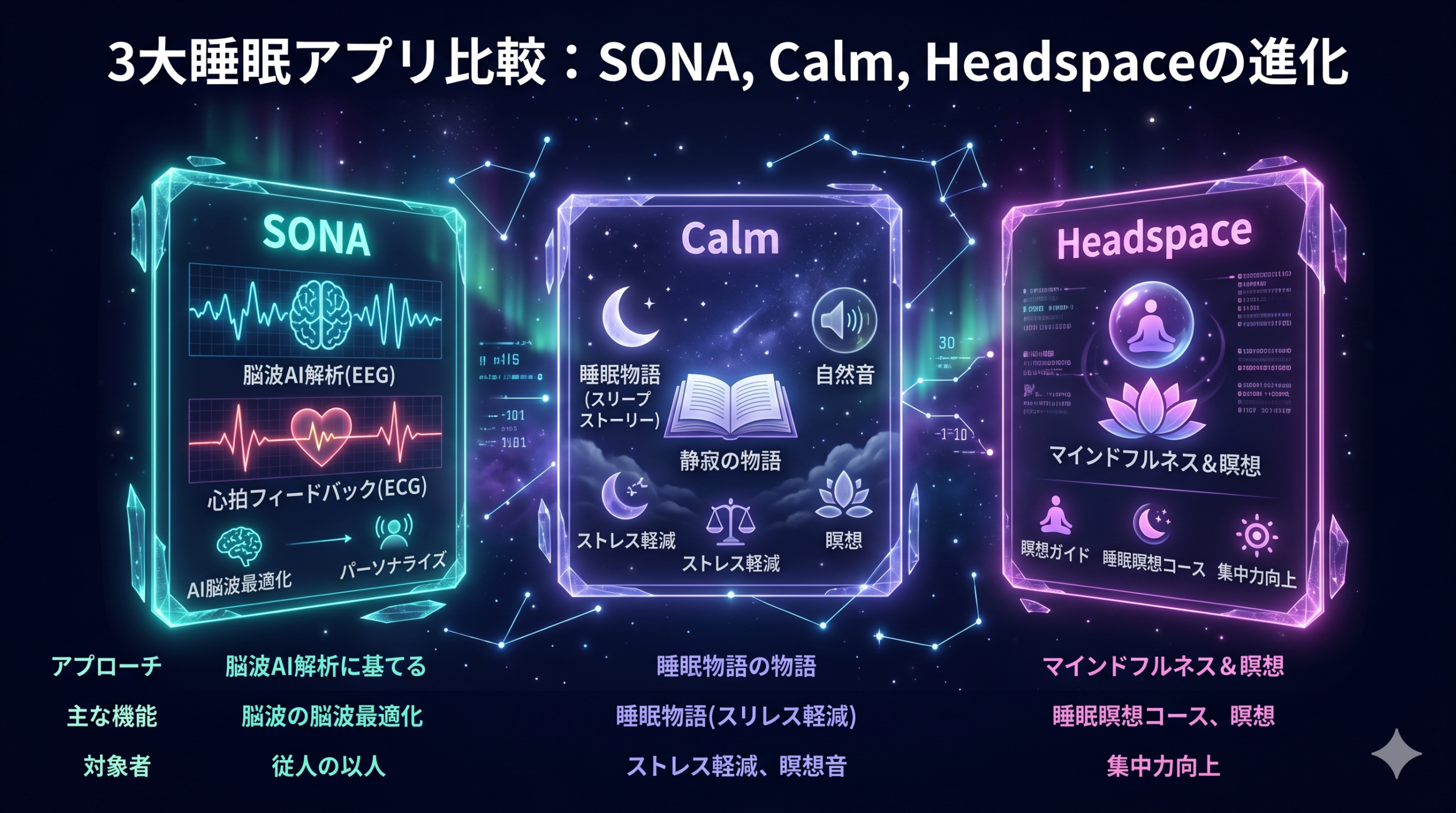 A digital fantasy comparison chart with three crystalline holographic panels floating in a cosmic dark space. Left panel labeled 'SONA' glowing neon teal with brainwave and heart-rate visualizations. Center panel labeled 'Calm' in soft violet with starry book and crescent moon imagery. Right panel labeled 'Headspace' in magenta with meditation orb and lotus. Dark indigo background with aurora particles and constellation lines connecting panels. Clean minimal infographic layout, mystical-tech aesthetic, ample space at top for header. Wide 16:9.