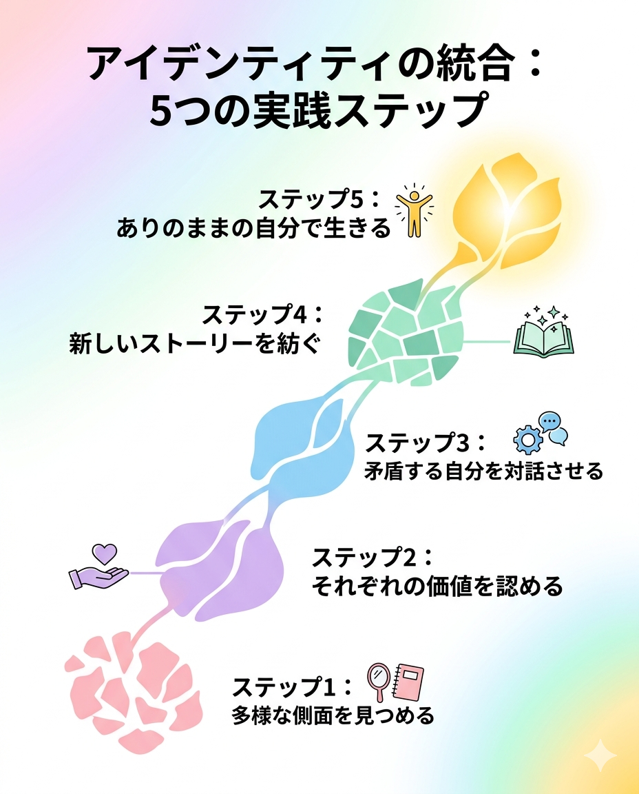 Abstract art style step-by-step visual diagram, colorful and warm. Five ascending steps or flowing connected nodes, each represented by a distinct colorful abstract shape (soft pink, lavender, sky blue, mint green, golden yellow) growing progressively more integrated and luminous. The bottom step is small separate fragments, and each subsequent step shows more cohesion, until the top step is a fully unified radiant form. Clean white background with subtle rainbow gradient accents. No text, no human faces. Modern, hopeful, inclusive aesthetic. High resolution.