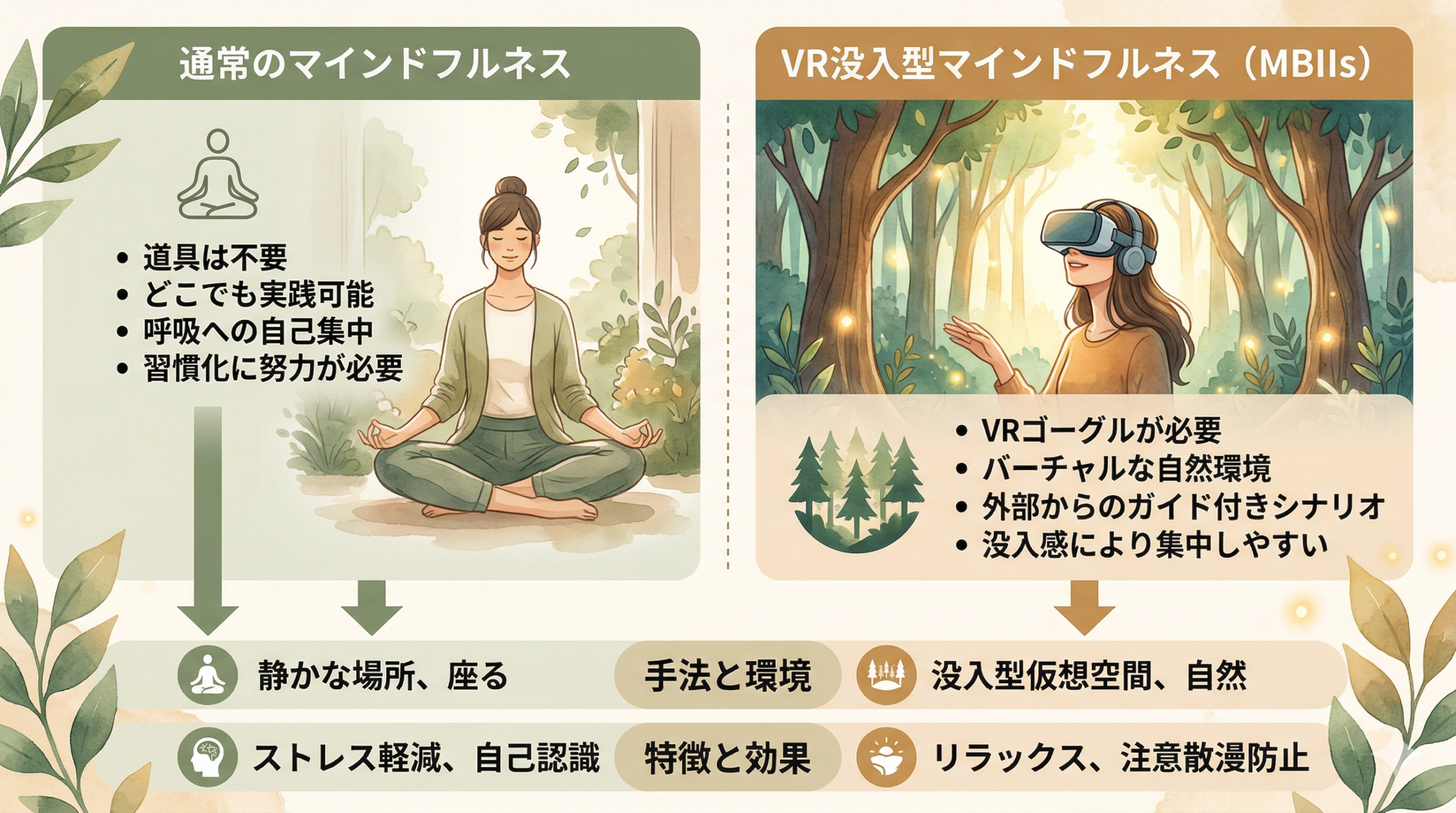 A clean comparison infographic: left side 'Traditional Mindfulness' with simple meditation
icon, right side 'VR Mindfulness (MBIIs)' with person in VR headset in virtual forest.
Warm earthy colors - sage green, warm beige, soft amber. Nature-inspired watercolor
illustration style. Clear arrows and simple icons. Calm educational tone.