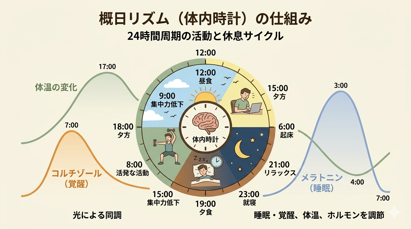 Clean infographic showing 24-hour circadian rhythm cycle, soft earth tones with sage green and warm brown, icons for sun/moon/sleep/activity, circular clock layout with body temperature and hormone curves, warm natural style, simple and educational, light cream background