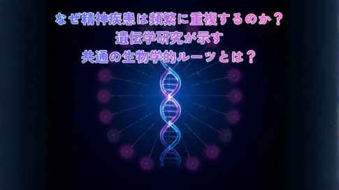 A sophisticated scientific infographic showing a glowing DNA double helix at the center in cyan and magenta, with 14 translucent branching nodes extending outward, each representing a different psychiatric disorder. Connected by soft glowing gradient lines. Dark navy blue background with subtle hexagonal grid pattern. Minimalist science-editorial style, gradient lighting from dark navy to soft purple, high-contrast clean typography space at top-left, infographic aesthetic, 1200x630, 8K quality, cinematic depth.